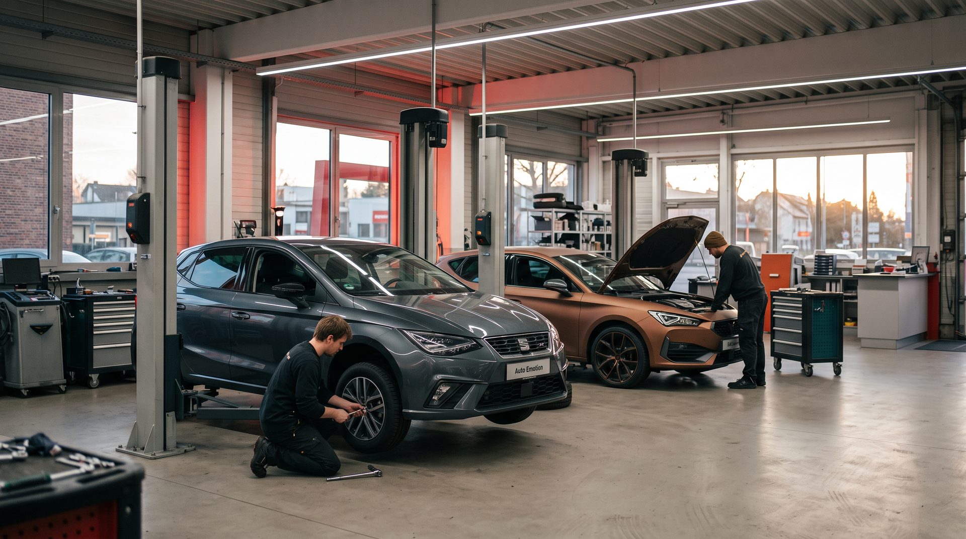 Werkstatt bei Auto Emotion in Offenbach mit Seat und Cupra Fahrzeugen auf der Hebebühne