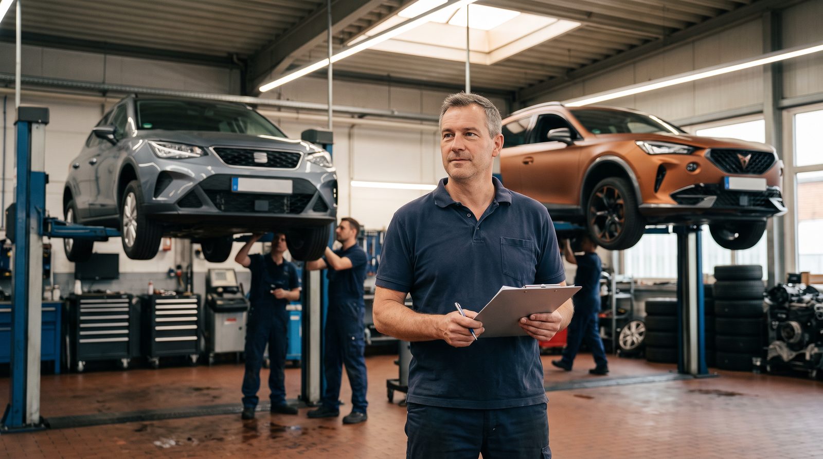 Werkstattleiter im Überblick über die Werkstatt mit Seat und Cupra Fahrzeugen