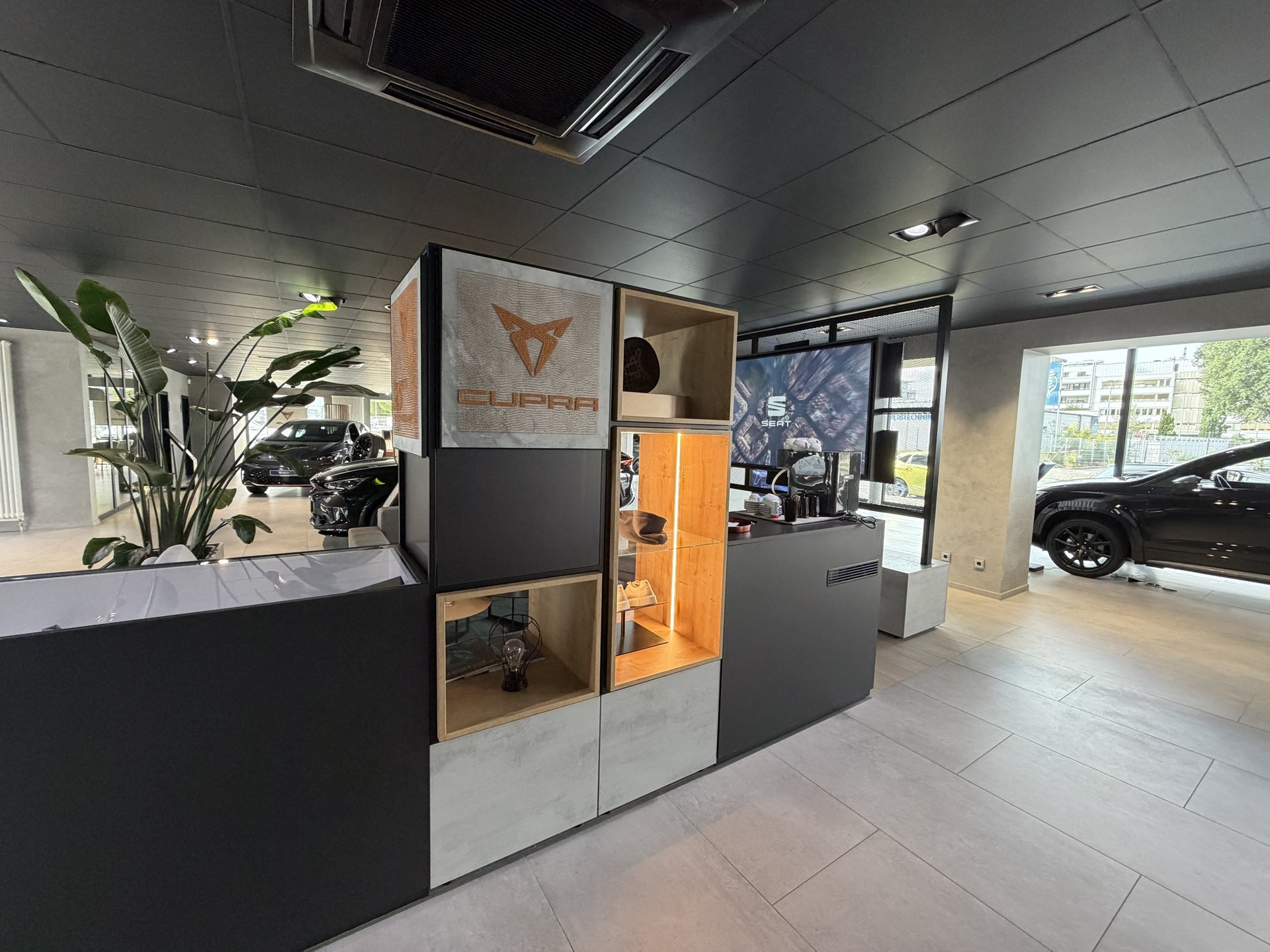 Cupra-Markenwelt im Showroom von Auto Emotion mit Sitzbereich